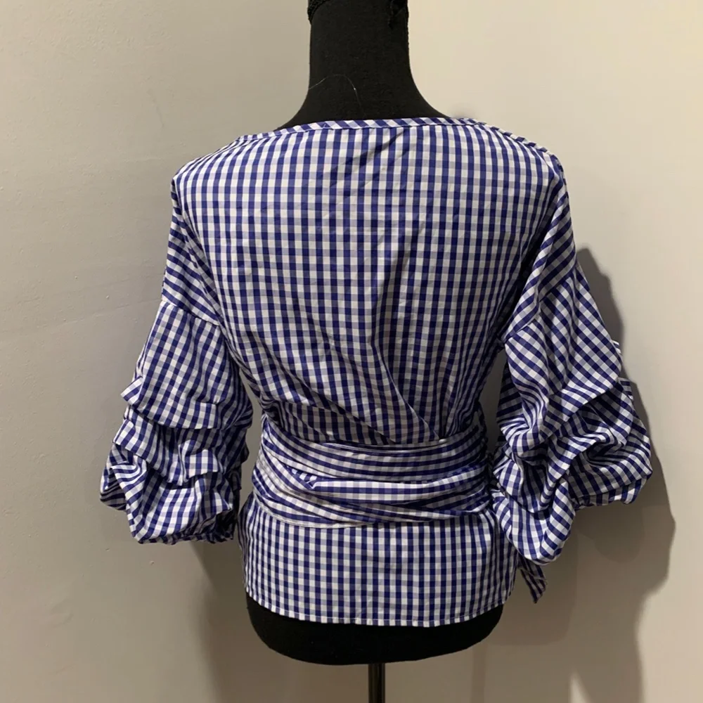Fashion Nova V-neck Wrap Top Blue and White Gingham Print Medium - Picture 3 of 6